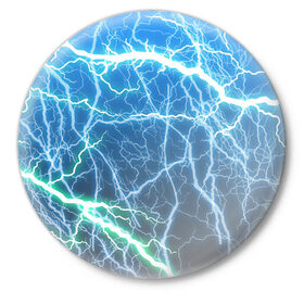Значок с принтом РАЗРЯДЫ МОЛНИЙ в Новосибирске,  металл | круглая форма, металлическая застежка в виде булавки | blue | epic | green | lightning | rain | storm | stripes | texture | thunder | гроза | гром | дождь | зеленый | линии | молнии | молния | пафосные | полосы | разряды | синий | текстура | шторм | эпичные | яркие