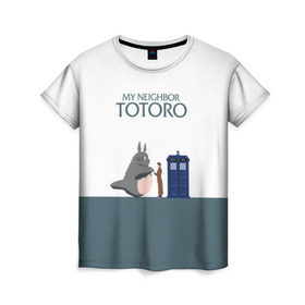 Женская футболка 3D с принтом Мой сосед Тоторо в Новосибирске, 100% полиэфир ( синтетическое хлопкоподобное полотно) | прямой крой, круглый вырез горловины, длина до линии бедер | Тематика изображения на принте: 10 доктор | doctor who | my neighbor totoro | tardis | totoro | десятый доктор | доктор кто | тардис | тоторо