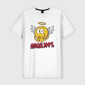 Мужская футболка премиум с принтом ANGEL 100% в Новосибирске, 92% хлопок, 8% лайкра | приталенный силуэт, круглый вырез ворота, длина до линии бедра, короткий рукав | 100 | angel | ангел | добрая | добрый | крылья | мем | мемас | мемасик | милый | надпись | нимб | процентов | смайл | смайлик | улыбка | эмоджи | эмодзи