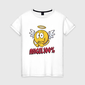 Женская футболка хлопок с принтом ANGEL 100% в Новосибирске, 100% хлопок | прямой крой, круглый вырез горловины, длина до линии бедер, слегка спущенное плечо | 100 | angel | ангел | добрая | добрый | крылья | мем | мемас | мемасик | милый | надпись | нимб | процентов | смайл | смайлик | улыбка | эмоджи | эмодзи
