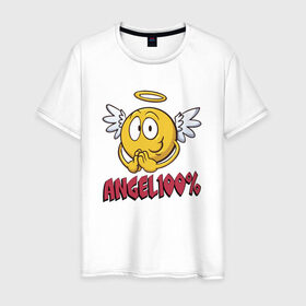 Мужская футболка хлопок с принтом ANGEL 100% в Новосибирске, 100% хлопок | прямой крой, круглый вырез горловины, длина до линии бедер, слегка спущенное плечо. | 100 | angel | ангел | добрая | добрый | крылья | мем | мемас | мемасик | милый | надпись | нимб | процентов | смайл | смайлик | улыбка | эмоджи | эмодзи