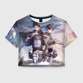 Женская футболка Crop-top 3D с принтом Levi and Eren в Новосибирске, 100% полиэстер | круглая горловина, длина футболки до линии талии, рукава с отворотами | Тематика изображения на принте: anime | attack on titan | аниме | атака титанов