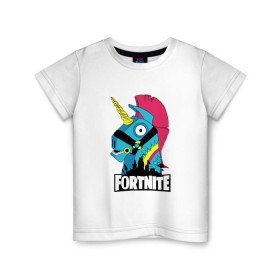 Детская футболка хлопок с принтом Fortnite в Новосибирске, 100% хлопок | круглый вырез горловины, полуприлегающий силуэт, длина до линии бедер | Тематика изображения на принте: fn | fortnite | боец | бургер | гамбургер | единорог | игра | лошадь | на коне | радужный единорог | фн | форт | форт найт | фортнайт