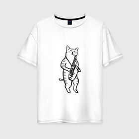 Женская футболка хлопок Oversize с принтом Кот Саксофонист в Новосибирске, 100% хлопок | свободный крой, круглый ворот, спущенный рукав, длина до линии бедер
 | cat | арт | животные | инструмент | кот | кошка | музыка | саксофон | саксофонист