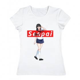 Женская футболка хлопок с принтом СЕНПАЙ - SENPAI в Новосибирске, 100% хлопок | прямой крой, круглый вырез горловины, длина до линии бедер, слегка спущенное плечо | 