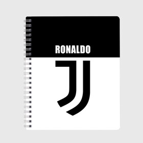 Тетрадь с принтом Ronaldo Juventus в Новосибирске, 100% бумага | 48 листов, плотность листов — 60 г/м2, плотность картонной обложки — 250 г/м2. Листы скреплены сбоку удобной пружинной спиралью. Уголки страниц и обложки скругленные. Цвет линий — светло-серый
 | Тематика изображения на принте: cr7 | cristiano ronaldo | football | juventus | криштиану роналду | роналдо | роналду | ювентус