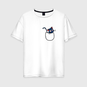 Женская футболка хлопок Oversize с принтом Кот в кармане в Новосибирске, 100% хлопок | свободный крой, круглый ворот, спущенный рукав, длина до линии бедер
 | Тематика изображения на принте: cat | кот . котэ | котик | сейлор мун