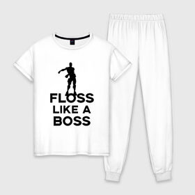 Женская пижама хлопок с принтом Floss like a boss в Новосибирске, 100% хлопок | брюки и футболка прямого кроя, без карманов, на брюках мягкая резинка на поясе и по низу штанин | dance | floss like a boss | fortnite | swag | thebackpackkid | танец
