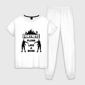 Женская пижама хлопок с принтом Floss like a boss в Новосибирске, 100% хлопок | брюки и футболка прямого кроя, без карманов, на брюках мягкая резинка на поясе и по низу штанин | dance | floss like a boss | fortnite | swag | танец