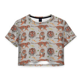 Женская футболка 3D укороченная с принтом Тигры в Новосибирске, 100% полиэстер | круглая горловина, длина футболки до линии талии, рукава с отворотами | кошка | паттерн | тигр