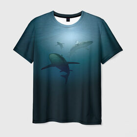 Мужская футболка 3D с принтом Акулы в Новосибирске, 100% полиэфир | прямой крой, круглый вырез горловины, длина до линии бедер | море | океан | подводный мир | рыба | хищник
