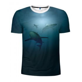 Мужская футболка 3D спортивная с принтом Акулы в Новосибирске, 100% полиэстер с улучшенными характеристиками | приталенный силуэт, круглая горловина, широкие плечи, сужается к линии бедра | море | океан | подводный мир | рыба | хищник