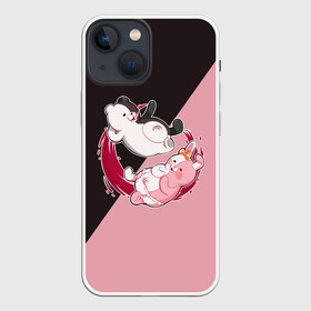 Чехол для iPhone 13 mini с принтом MONOKUMA X MONOMI | МОНОКУМА в Новосибирске,  |  | anime | bear | black  white | danganronpa | kurokuma | monodam | monokuma | monomi | monotaro | pink | rabbit | school | shirokuma | аниме | главарь | мoноми | монокума | черно белый | школа