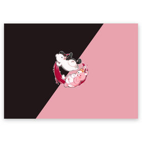 Поздравительная открытка с принтом MONOKUMA X MONOMI в Новосибирске, 100% бумага | плотность бумаги 280 г/м2, матовая, на обратной стороне линовка и место для марки
 | anime | bear | black  white | danganronpa | kurokuma | monodam | monokuma | monomi | monotaro | pink | rabbit | school | shirokuma | аниме | главарь | мoноми | монокума | черно белый | школа