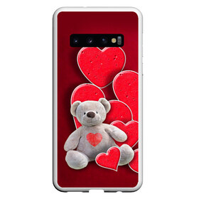 Чехол для Samsung Galaxy S10 с принтом Мишка с сердечками в Новосибирске, Силикон | Область печати: задняя сторона чехла, без боковых панелей | Тематика изображения на принте: девушкам | игрушка | любовь | медведь | мишка | плюшевый | сердечко | сердце