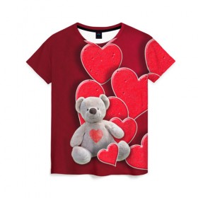 Женская футболка 3D с принтом Мишка с сердечками в Новосибирске, 100% полиэфир ( синтетическое хлопкоподобное полотно) | прямой крой, круглый вырез горловины, длина до линии бедер | девушкам | игрушка | любовь | медведь | мишка | плюшевый | сердечко | сердце