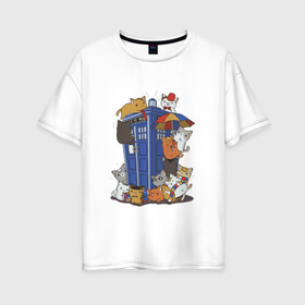 Женская футболка хлопок Oversize с принтом Доктор кто в Новосибирске, 100% хлопок | свободный крой, круглый ворот, спущенный рукав, длина до линии бедер
 | джоди уиттакер | доктор кто | зонт | кот  . doctor who | тардис