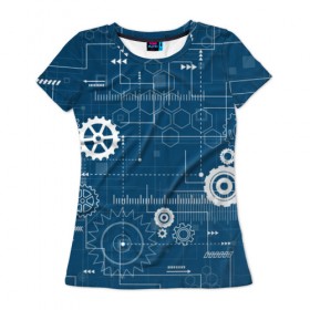Женская футболка 3D с принтом Механика в Новосибирске, 100% полиэфир ( синтетическое хлопкоподобное полотно) | прямой крой, круглый вырез горловины, длина до линии бедер | детали | механизм | механик | схема | чертеж | шестеренки