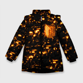 Зимняя куртка для девочек 3D с принтом Огненное золото Титанов в Новосибирске, ткань верха — 100% полиэстер; подклад — 100% полиэстер, утеплитель — 100% полиэстер. | длина ниже бедра, удлиненная спинка, воротник стойка и отстегивающийся капюшон. Есть боковые карманы с листочкой на кнопках, утяжки по низу изделия и внутренний карман на молнии. 

Предусмотрены светоотражающий принт на спинке, радужный светоотражающий элемент на пуллере молнии и на резинке для утяжки. | attack | titan | аккерман | арлерт | армин | атака | гуманоид | йегер | манга | микаса | монстры | мутант | титанов | эрен