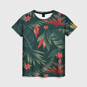 Женская футболка 3D с принтом Тропики в Новосибирске, 100% полиэфир ( синтетическое хлопкоподобное полотно) | прямой крой, круглый вырез горловины, длина до линии бедер | вектор | джунгли | дизайн | зеленый | красиво | красный | лес | лето | папоротник | тропики | тропические листья