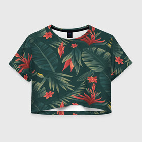Женская футболка 3D укороченная с принтом Тропики в Новосибирске, 100% полиэстер | круглая горловина, длина футболки до линии талии, рукава с отворотами | вектор | джунгли | дизайн | зеленый | красиво | красный | лес | лето | папоротник | тропики | тропические листья