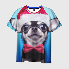Мужская футболка 3D с принтом рождество в Новосибирске, 100% полиэфир | прямой крой, круглый вырез горловины, длина до линии бедер | Тематика изображения на принте: dog | happy new year | бантик | взгляд | глаза | новый год | пинчер | праздник | санта клаус | собака | той терьер