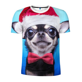 Мужская футболка 3D спортивная с принтом рождество в Новосибирске, 100% полиэстер с улучшенными характеристиками | приталенный силуэт, круглая горловина, широкие плечи, сужается к линии бедра | Тематика изображения на принте: dog | happy new year | бантик | взгляд | глаза | новый год | пинчер | праздник | санта клаус | собака | той терьер
