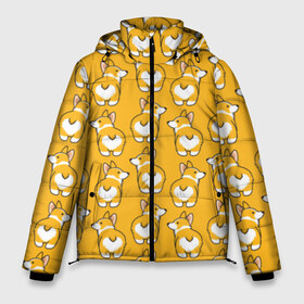 Мужская зимняя куртка 3D с принтом Корги Паттерн в Новосибирске, верх — 100% полиэстер; подкладка — 100% полиэстер; утеплитель — 100% полиэстер | длина ниже бедра, свободный силуэт Оверсайз. Есть воротник-стойка, отстегивающийся капюшон и ветрозащитная планка. 

Боковые карманы с листочкой на кнопках и внутренний карман на молнии. | друг человека | мимими | оранжевый | пес | попка | собака