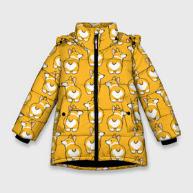 Зимняя куртка для девочек 3D с принтом Корги Паттерн в Новосибирске, ткань верха — 100% полиэстер; подклад — 100% полиэстер, утеплитель — 100% полиэстер. | длина ниже бедра, удлиненная спинка, воротник стойка и отстегивающийся капюшон. Есть боковые карманы с листочкой на кнопках, утяжки по низу изделия и внутренний карман на молнии. 

Предусмотрены светоотражающий принт на спинке, радужный светоотражающий элемент на пуллере молнии и на резинке для утяжки. | друг человека | мимими | оранжевый | пес | попка | собака