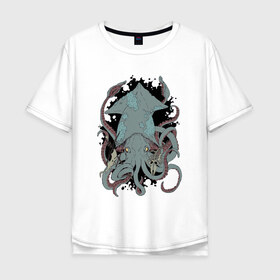 Мужская футболка хлопок Oversize с принтом Kraken в Новосибирске, 100% хлопок | свободный крой, круглый ворот, “спинка” длиннее передней части | Тематика изображения на принте: kraken | octopus | кальмар | кракен | осьминог