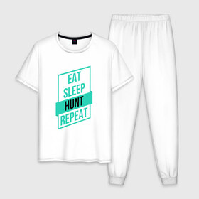 Мужская пижама хлопок с принтом Eat, Sleep, HUNT, Repeat в Новосибирске, 100% хлопок | брюки и футболка прямого кроя, без карманов, на брюках мягкая резинка на поясе и по низу штанин
 | 