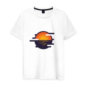 Мужская футболка хлопок с принтом Морской закат в Новосибирске, 100% хлопок | прямой крой, круглый вырез горловины, длина до линии бедер, слегка спущенное плечо. | волны | восход | геометрия | закат | минимализм | море | отражение | солнце