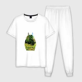 Мужская пижама хлопок с принтом Тоторо в Новосибирске, 100% хлопок | брюки и футболка прямого кроя, без карманов, на брюках мягкая резинка на поясе и по низу штанин
 | Тематика изображения на принте: art | hayao miyazaki | mei kusakabe | tonari no totoro | берлога | лапа | лес | мой сосед тоторо | хаяо миядзаки