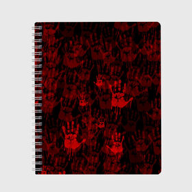 Тетрадь с принтом КРОВАВЫЕ РУКИ в Новосибирске, 100% бумага | 48 листов, плотность листов — 60 г/м2, плотность картонной обложки — 250 г/м2. Листы скреплены сбоку удобной пружинной спиралью. Уголки страниц и обложки скругленные. Цвет линий — светло-серый
 | Тематика изображения на принте: blood | blood mask | hand | mask | pattern | брызги | кровавая маска | кровавые руки | кровь | маска | паттерн | потеки | руки