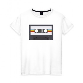 Женская футболка хлопок с принтом Компакт-кассета в Новосибирске, 100% хлопок | прямой крой, круглый вырез горловины, длина до линии бедер, слегка спущенное плечо | 90 е | арт | аудиокассета | дизайн | компакт кассета | магнитола | музыка | ретро