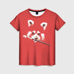 Женская футболка 3D с принтом Красная панда в Новосибирске, 100% полиэфир ( синтетическое хлопкоподобное полотно) | прямой крой, круглый вырез горловины, длина до линии бедер | енот | кисть | лиса | малая панда | художник