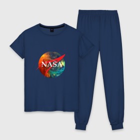 Женская пижама хлопок с принтом Nasa Space в Новосибирске, 100% хлопок | брюки и футболка прямого кроя, без карманов, на брюках мягкая резинка на поясе и по низу штанин | америка | астронавт | звезды | космонавт | космос | логотип | наса | сша