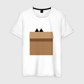 Мужская футболка хлопок с принтом Кот Шреденгера в Новосибирске, 100% хлопок | прямой крой, круглый вырез горловины, длина до линии бедер, слегка спущенное плечо. | геометрия | коробка | кот | кот в коробке | минимализм | тень | уши | шреденгер