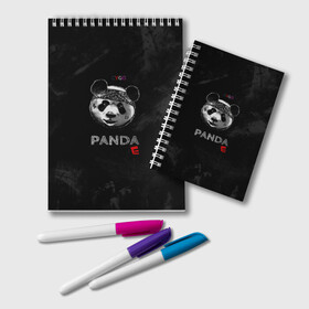 Блокнот с принтом Cygo - panda E в Новосибирске, 100% бумага | 48 листов, плотность листов — 60 г/м2, плотность картонной обложки — 250 г/м2. Листы скреплены удобной пружинной спиралью. Цвет линий — светло-серый
 | cygo | panda e | rap | бандана | гепард | голова | леонид вакальчук | медведь | мы бежим с тобой как будто от гепарда | надпись | панда е | реп | репер | рэп | рэпер | сайго | суго | цуго