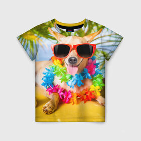 Детская футболка 3D с принтом пляж в Новосибирске, 100% гипоаллергенный полиэфир | прямой крой, круглый вырез горловины, длина до линии бедер, чуть спущенное плечо, ткань немного тянется | sea | гавайи | лето | море | океан | отдых | очки | пляж | собака | той терьер