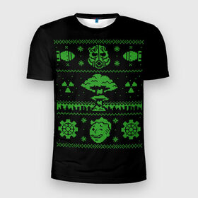 Мужская футболка 3D спортивная с принтом Новогодний Фалаут в Новосибирске, 100% полиэстер с улучшенными характеристиками | приталенный силуэт, круглая горловина, широкие плечи, сужается к линии бедра | christmas fallout | christmas sweater | fallout | sweater | sweater style | новогодний свитер | новый год | свитер | фалаут
