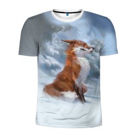 Мужская футболка 3D спортивная с принтом Гордый лис в Новосибирске, 100% полиэстер с улучшенными характеристиками | приталенный силуэт, круглая горловина, широкие плечи, сужается к линии бедра | белый | зима | лес | лис | лиса | мех | оранжевый | охотник | природа | снег | хитрый