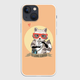 Чехол для iPhone 13 mini с принтом Енот и кофе в Новосибирске,  |  | coffee | food | love | racoon | енот | кофе