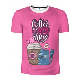 Мужская футболка 3D спортивная с принтом Coffee is a hug в Новосибирске, 100% полиэстер с улучшенными характеристиками | приталенный силуэт, круглая горловина, широкие плечи, сужается к линии бедра | Тематика изображения на принте: cat | coffee | food | love | кот | птичка