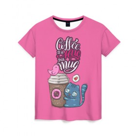 Женская футболка 3D с принтом Coffee is a hug в Новосибирске, 100% полиэфир ( синтетическое хлопкоподобное полотно) | прямой крой, круглый вырез горловины, длина до линии бедер | cat | coffee | food | love | кот | птичка