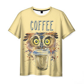Мужская футболка 3D с принтом Сова и кофе в Новосибирске, 100% полиэфир | прямой крой, круглый вырез горловины, длина до линии бедер | coffee | food | love | owl | кофе | сова
