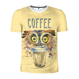 Мужская футболка 3D спортивная с принтом Сова и кофе в Новосибирске, 100% полиэстер с улучшенными характеристиками | приталенный силуэт, круглая горловина, широкие плечи, сужается к линии бедра | coffee | food | love | owl | кофе | сова