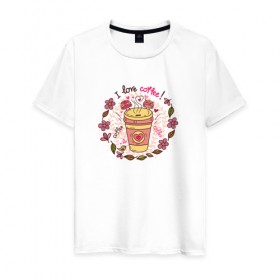 Мужская футболка хлопок с принтом I love coffee в Новосибирске, 100% хлопок | прямой крой, круглый вырез горловины, длина до линии бедер, слегка спущенное плечо. | Тематика изображения на принте: 