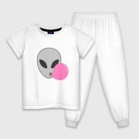 Детская пижама хлопок с принтом Инопланетная жвачка в Новосибирске, 100% хлопок |  брюки и футболка прямого кроя, без карманов, на брюках мягкая резинка на поясе и по низу штанин
 | жвачка | инопланетянин | лицо | минимализм | нло | пузырь