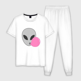 Мужская пижама хлопок с принтом Инопланетная жвачка в Новосибирске, 100% хлопок | брюки и футболка прямого кроя, без карманов, на брюках мягкая резинка на поясе и по низу штанин
 | жвачка | инопланетянин | лицо | минимализм | нло | пузырь